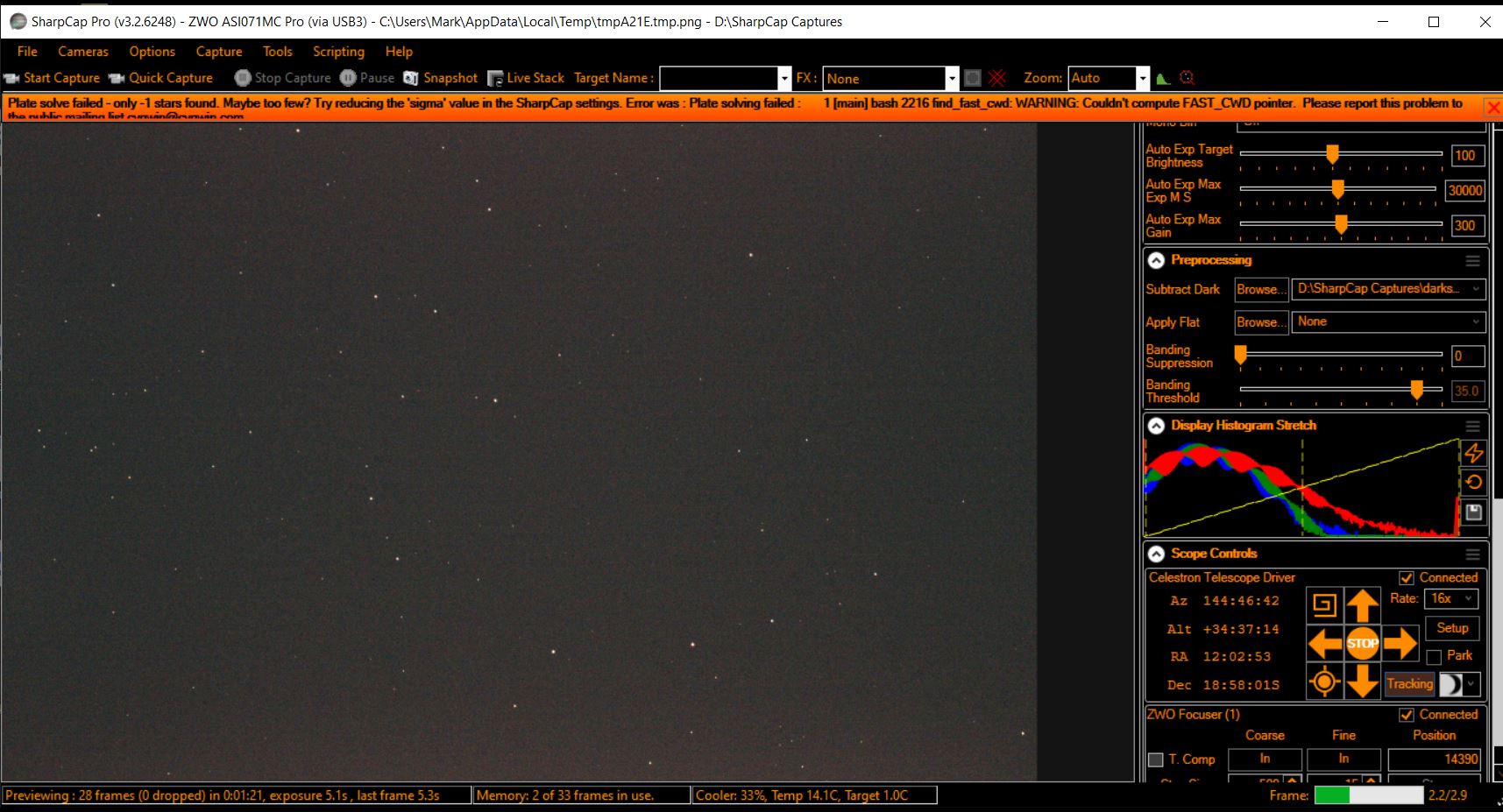 SharpCap Plate Solve Failure Screenshot