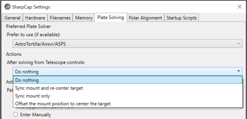 Setting in SharpCap for action after plate solving