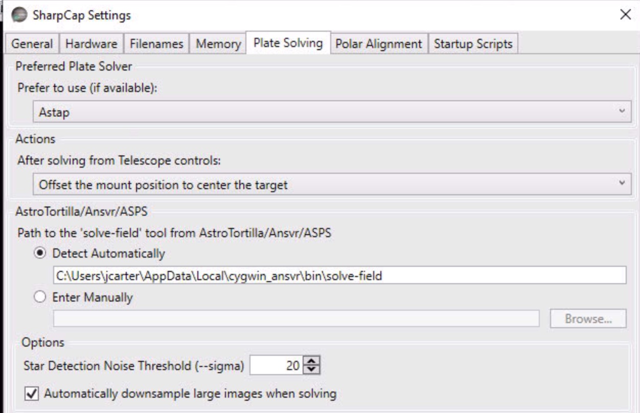 Sharpcap settings for plate solve