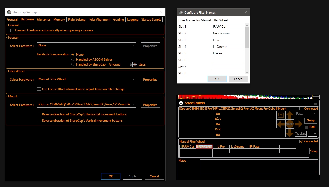 Screenshot of manual filter wheel settings and use