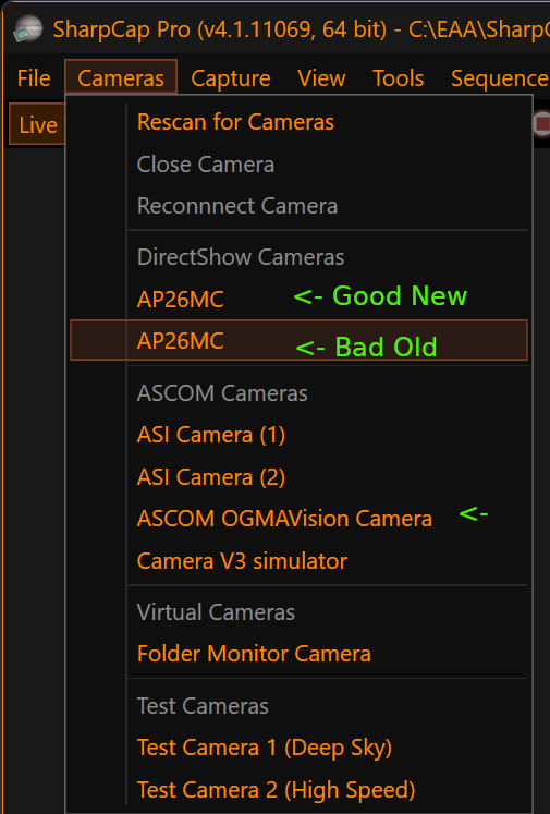 SharpCap Camera Menu showing two identically named DirectShow drivers and which one is &quot;good&quot;.