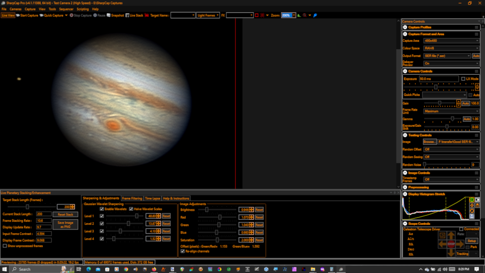 Jupiter live stacked in SharpCap 4.1. 200 frames.