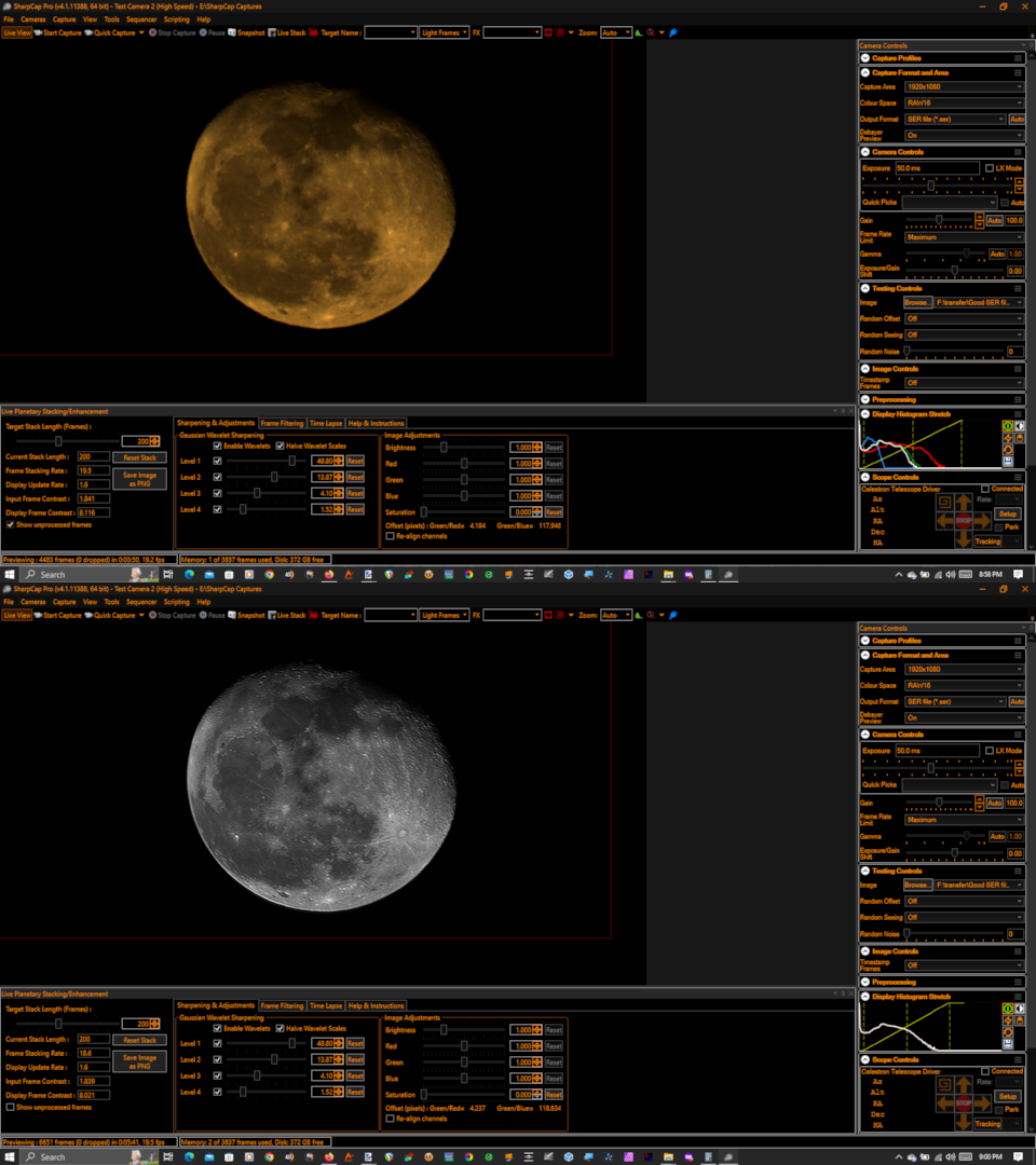 Live stacked Moon in SharpCap 4.1.
