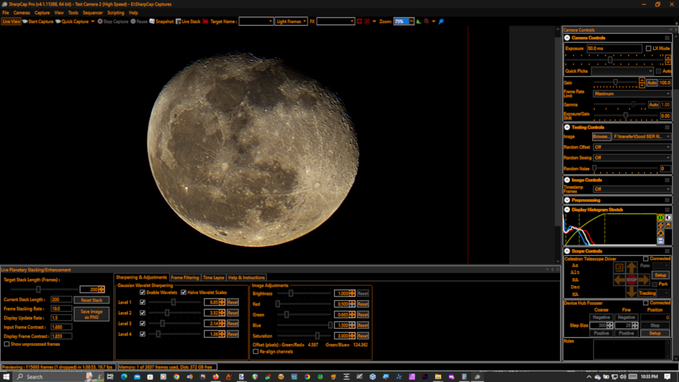 Live stacked mineral Moon in SharpCap 4.1.