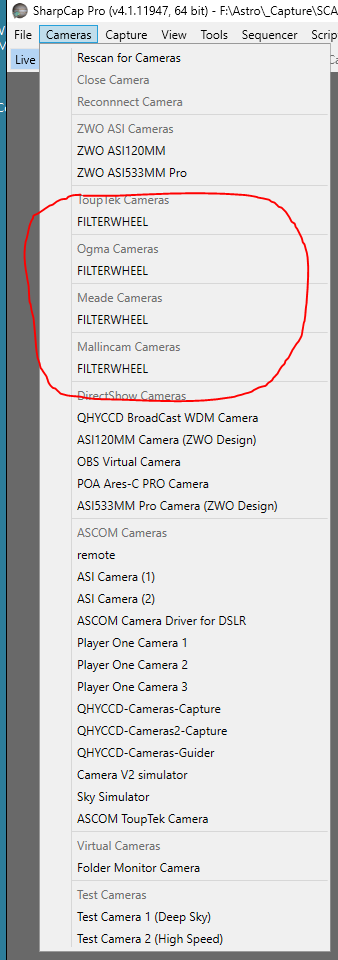 Cameras menu tab