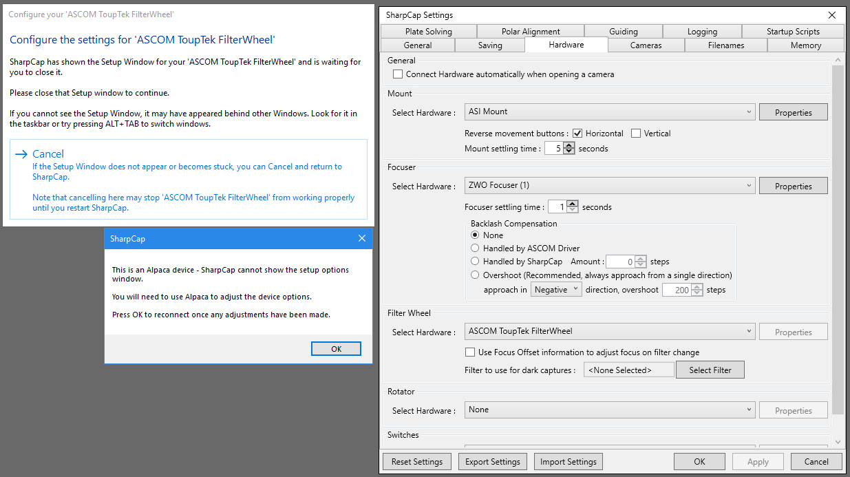 ScharpCap settings Hardware